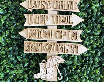 Spring Street DIY wood sign - rain boots flowers sunshine unfinished cut out standing leaner decor craft supply sign kit blanks wreath