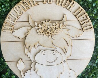 Highlander Cow DIY sign - Welcome to the Herd farm ranch cattle home decor door hanger wreath floral supply wreath center blank livestock