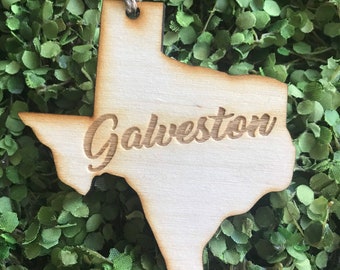Galveston Texas Tag Ornament - City hometown TX souvenir keepsake memory state 2020 wood laser engraved skyline welcome gift home