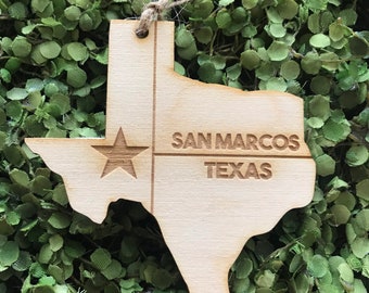 San Marcos Texas Tag Ornament - City hometown TX souvenir keepsake memory state 2022 wood laser engraved welcome gift home