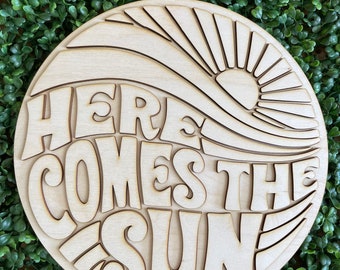 DIY wood sign - Here comes the Sun unfinished cut out door hanger wall decor craft supply sign kit blanks round wreath sign