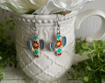 Cactus Earrings - Aztec country western fiesta dangle statement favor gift colorful party lightweight