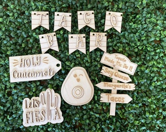 Taco Bar DIY wood tiered tray set- unfinished cut out door hanger wall decor craft supply sign kit blanks round wreath sign