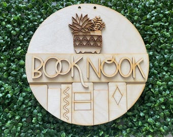 Book DIY wood sign - Book Nook Reading librarian book lover housewarming realtor gift hostess gift round unfinished home decor blank