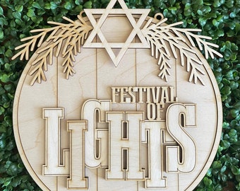 Hanukkah DIY wood sign - Festival of Lights unfinished cut out door hanger wall decor craft supply sign kit blanks round wreath sign