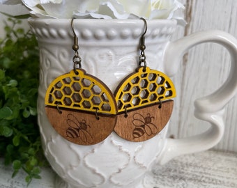 Bee Statement Dangle Earrings- Yellow oak stain birch wood honeycomb
