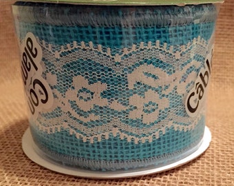 Aqua Burlap with white lace Ribbon 2.5" x 9 ft
