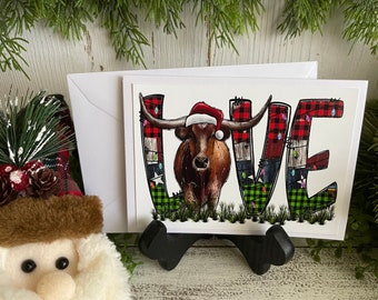 Texas Greeting Card - Blank note card Lone Star State Texan TX Longhorn Love Santa hat