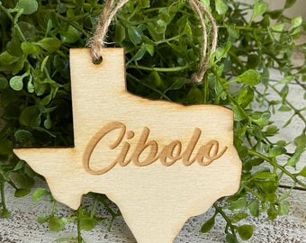 Cibolo Texas Tag Ornament - City hometown TX souvenir keepsake memory state wood laser engraved skyline welcome gift home small town