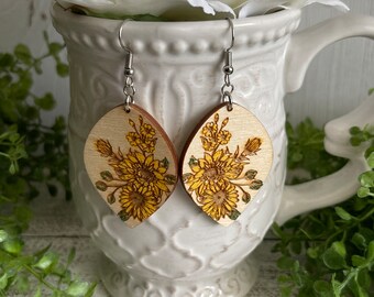 Floral Statement Dangle Earrings - purple flowers Salvia Catmint Lavender wild indigo green leaves