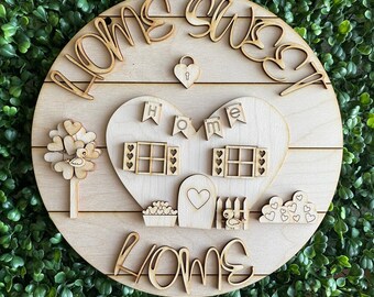 Valentine DIY wood sign - Home Sweet Home House unfinished cut out door hanger wall decor craft supply kit blanks round wreath sign