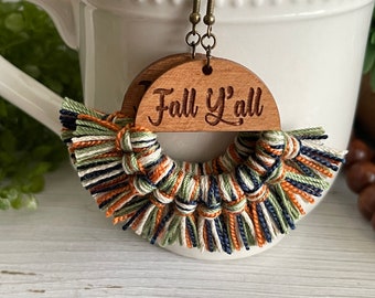 Fall Fringe Earrings - dangle statement wood favor gift hoop boho navy cream off white burnt orange green sage y’all Texas southern