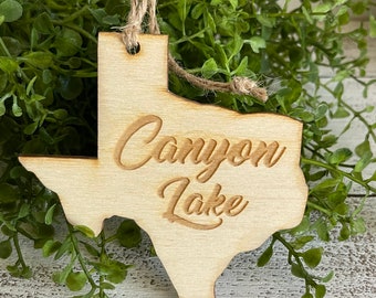 Canyon Lake Texas Tag Ornament - City hometown TX souvenir keepsake memory state wood laser engraved skyline welcome gift home small town