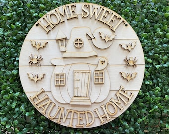 DIY Home Sweet Haunted Home wood sign - Halloween witch hat pumpkin spider bats ghost Whimsy colorful October welcome
