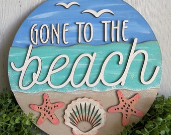 Beach wood sign - Gone to the Beach wall decor round wreath sign sand tropical sea ocean lake coastal sand shells shoreline