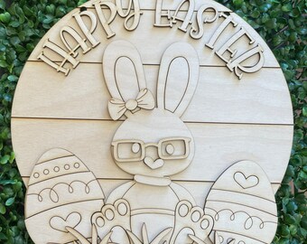 Easter DIY wood sign - Happy Easter Bunny unfinished cut out door hanger wall decor craft supply sign kit blanks round wreath sign