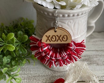 Valentine XOXO Fringe Earrings - Red Love dangle statement wood favor gift hoop boho kisses valentine sexy