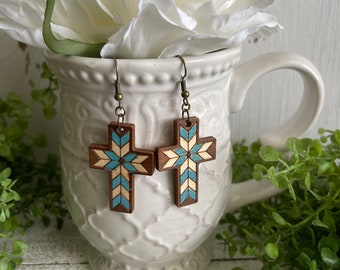Cross earrings - quilt dangle statement wood natural boho minimalist country aged
