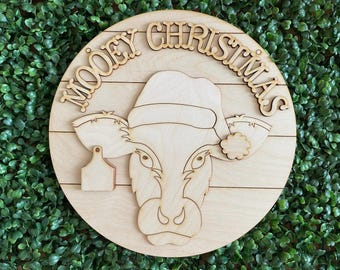 Christmas Cow DIY sign - Mooey Christmas Santa farm ranch cattle home decor door hanger wreath supply wreath center blank livestock