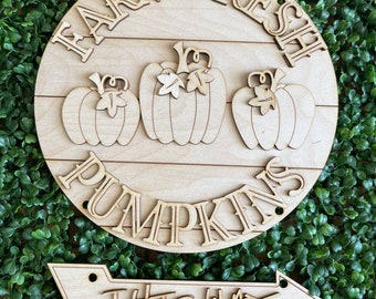 Fall DIY wood sign - Farm Fresh Pumpkins Round unfinished cut out home decor craft supply sign kit blanks table top standing