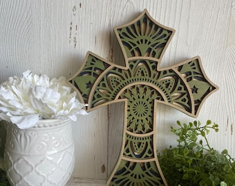 Cross wood sign - 3d layered stacked farmhouse rustic home decor Navy Green Taupe
