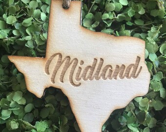 Midland Texas Tag Ornament - City hometown TX souvenir keepsake memory state 2020 wood laser engraved skyline welcome gift home