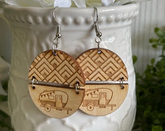 Camping earrings - Wood dangle statement hinge camper RV tent s’mores camp fire lake mountains hiking