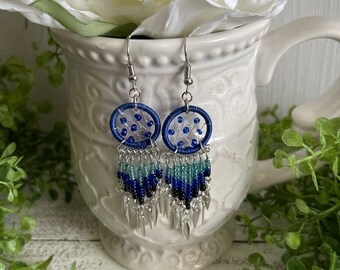 Dreamcatcher Earrings - Aztec country western fiesta dangle statement favor gift colorful party lightweight beaded blue aqua umbre