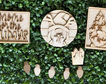 Christmas Gnome DIY wood tiered tray set - Jolly unfinished cut out door hanger wall decor craft supply sign kit blanks tree wreath sign