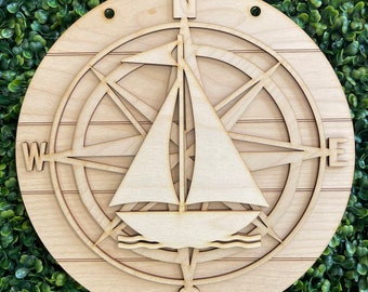 Sailing DIY wood sign - boating compass nautical unfinished cut out door hanger wall decor craft supply sign kit blanks round wreath sign