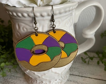 Mardi Gras Earrings - King cake beads yellow purple green gold dangle statement wood favor gift hoop handmade jewelry parade Nola party