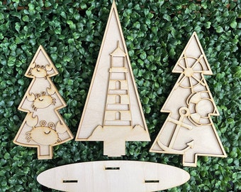Nautical Christmas DIY wood standing trees - unfinished cut out door hanger wall decor craft supply sign kit blanks tropical wreath sign