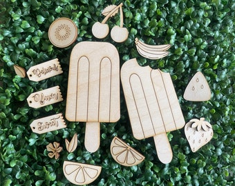 DIY Fruit Popsicle Shelf Sitter - summer treat leaner tiered tray vignette wood sign whimsy picnic party