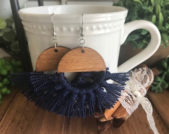 Navy Blue Fringe Earrings - dangle statement wood favor gift hoop boho French blue fall winter sports team spirit mom fan