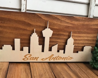 San Antonio Texas sign shelf sitter wood decor skyline home office farewell retirement housewarming