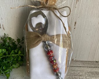 Hostess Gift Set - mini charcuterie board, white napkin, beaded bottle opener - party favor, housewarming, dorm decor college
