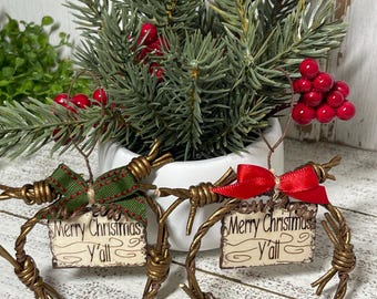 Country Western Ornament - Merry Christmas Y'all rustic farmhouse tiered tray bowl filler tree cowboy ranch cattle home decor