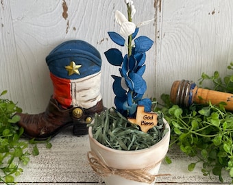 Texas Bluebonnet Faux Flower Pot - home decor accent tiered tray clay pot Lone Star state wildflower
