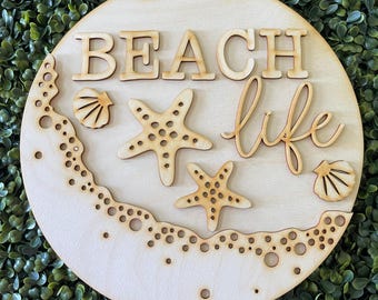 Beach DIY wood sign - Beach Life Starfish unfinished cut out door hanger wall decor craft supply sign kit blanks round wreath