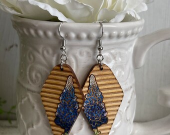 Texas Bluebonnet Earrings - Lone Star State Texan wildflowers Spring field photo dangle hand painted  lightweight