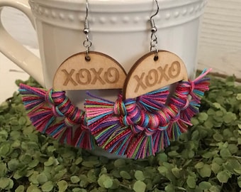 XOXO mix Fringe Earrings - dangle statement wood favor gift hoop boho love kisses valentine sexy