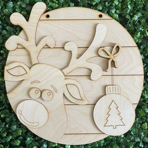 Christmas DIY wood sign -  Reindeer ornament winter unfinished cut out door hanger wall decor craft supply sign kit blanks round wreath