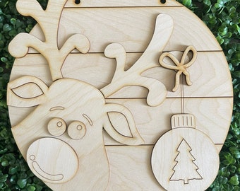 Christmas DIY wood sign -  Reindeer ornament winter unfinished cut out door hanger wall decor craft supply sign kit blanks round wreath
