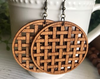 Geometric earrings medium oak stain - dangle statement wood natural boho minimalist country rustic basket weave