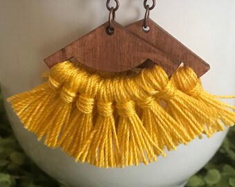 Fringe Earrings - dangle statement wood favor gift hoop boho