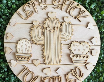 Valentine DIY wood sign - Let's stick together Cactus unfinished cut out door hanger wall decor craft supply kit blanks round wreath sign