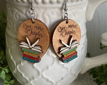 Book earrings - Reading chapter book lover Wood dangle statement hand painted one more chapter gift present friend favor