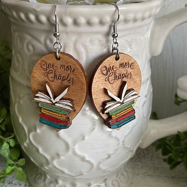 Book earrings - Reading chapter book lover Wood dangle statement hand painted one more chapter gift present friend favor