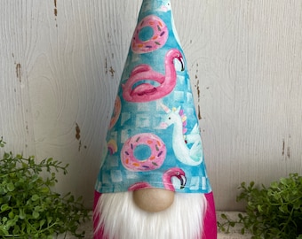 Flamingo Gnome - coastal beach pool swimming water sand shell seahorse starfish boat lake deep sea decor shelf sitter umbrella sand castle