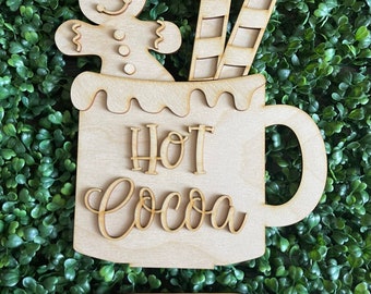 Christmas DIY wood sign -  Hot Cocoa Mug gingerbread man unfinished cut out standing home decor craft supply sign kit blanks round wreath